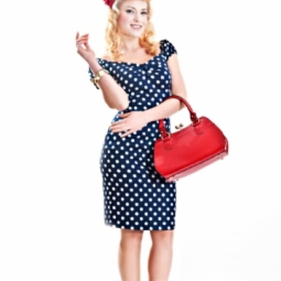 NWT XLarge Collectif Dolores Navy Polka Dot Retro Rockabilly Pencil Wiggle Dress - Picture 2 of 7